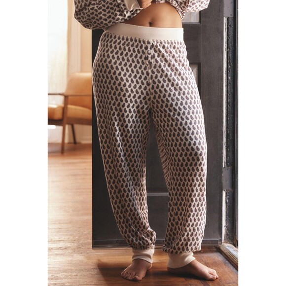 By Anthropologie Waffle-Knit Pajama Pants Ribbed High Waisted Pull-on L-P 273516 - Picture 1 of 13